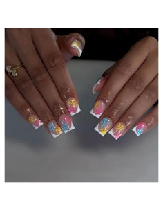 Uñas Postizas Cortas Cuadradas Sevgob con Flores 24pcs