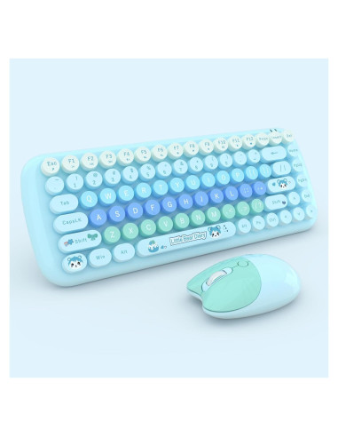 Teclado y Ratón Inalámbrico Lomiluskr Azul, Diseño Retro