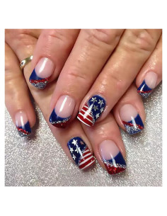 24 Uñas Postizas Cortas Francesas 4 de Julio DZPGUONIZ