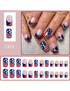 24 Uñas Postizas Cortas Francesas 4 de Julio DZPGUONIZ 2