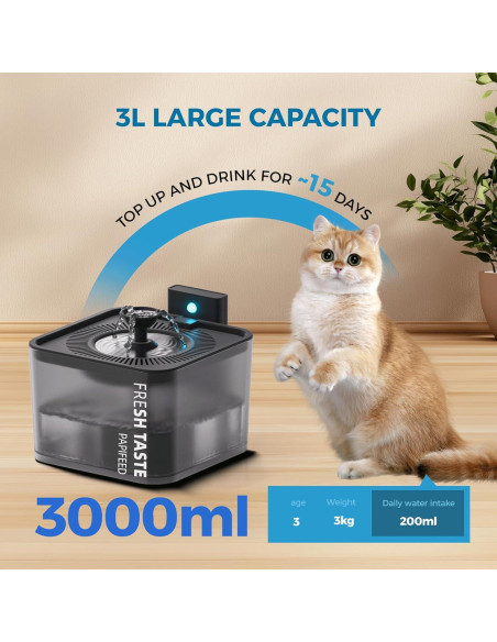 Fuente de Agua Inalámbrica para Gatos PAPIFEED 3L Negra