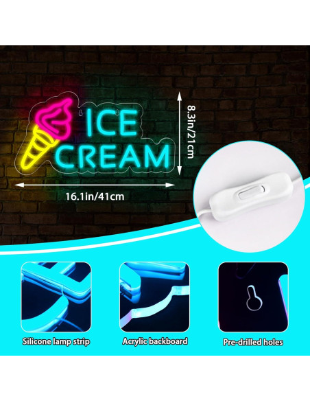 Letrero de Neón LED Helado Attneon 40.9x21.1 cm Decoración Letrero de Neón LED Helado Attneon 40.9x21.1 cm Decoración