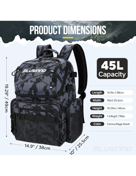 Mochila de Pesca PLUSINNO 45L con Nevera y Soportes para Cañas