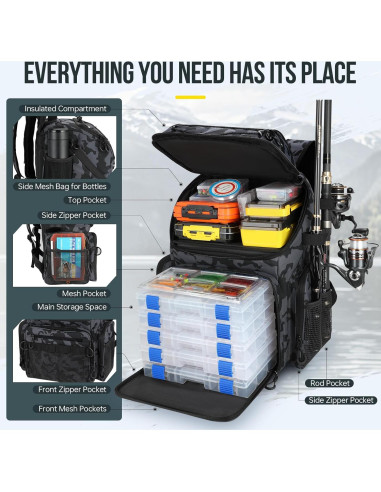 Mochila de Pesca PLUSINNO 45L con Nevera y Soportes para Cañas