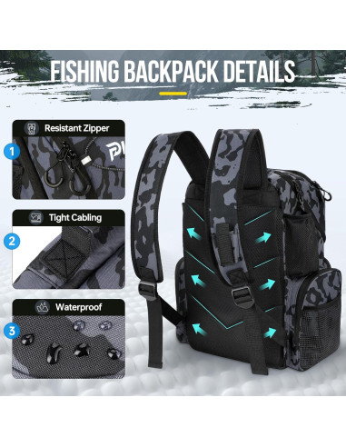 Mochila de Pesca PLUSINNO 45L con Nevera y Soportes para Cañas