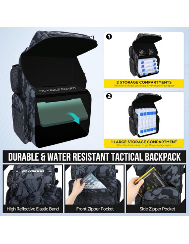 Mochila de Pesca PLUSINNO 45L con Nevera y Soportes para Cañas