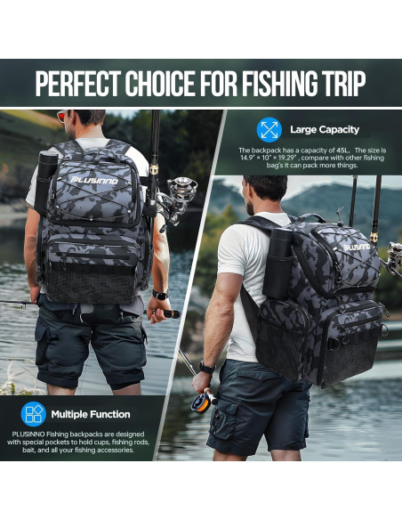 Mochila de Pesca PLUSINNO 45L con Nevera y Soportes para Cañas