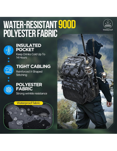 Mochila de Pesca PLUSINNO 45L con Nevera y Soportes para Cañas