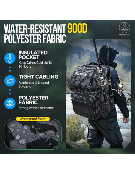 Mochila de Pesca PLUSINNO 45L con Nevera y Soportes para Cañas