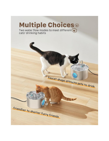Fuente de Agua para Gatos GIOTOHUN 2.2L Acero Inoxidable Silenciosa
