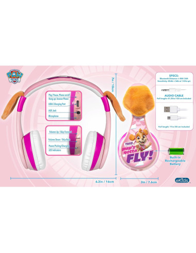 Auriculares Inalámbricos Bluetooth eKids Paw Patrol Skye