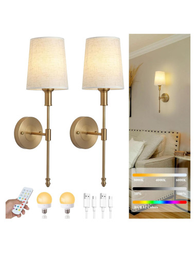 Juego de Apliques de Pared LED HOTRAN, 2 Unidades, Dorado, Inalámbrico