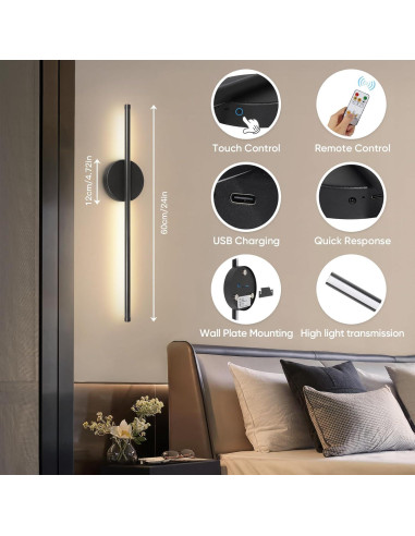 Juego de Apliques de Pared Inalámbricos TaoFiaCo 61cm Negro