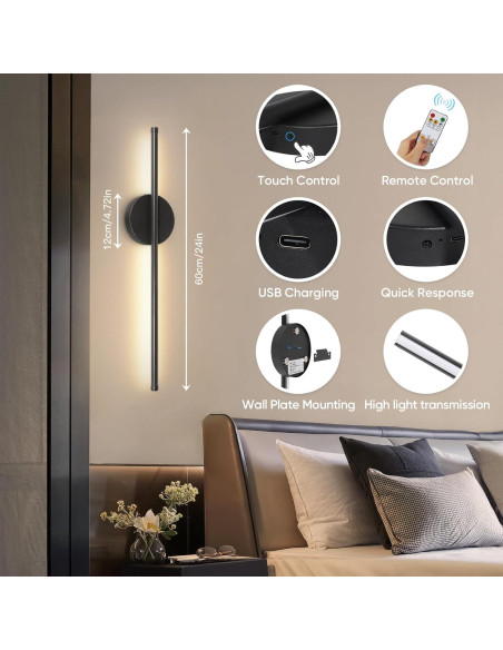 Juego de Apliques de Pared Inalámbricos TaoFiaCo 61cm Negro