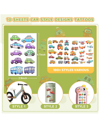 Tatuajes Temporales de Vehículos YOCIECO, 102 Diseños para Niños
