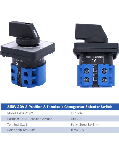 Interruptor Selector Taiss 20A 550V 3 Posiciones 8 Terminales