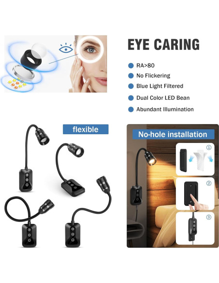 Luz de Lectura Montada en Pared HUAEU LED Regulable Blanca