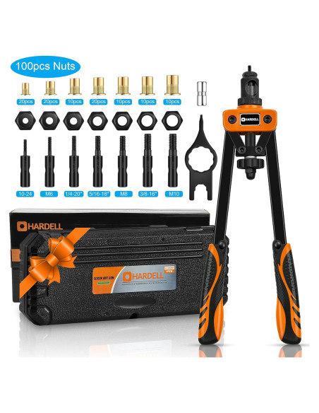 Herramienta de Tuerca Remachada HARDELL 14" con 100 Tuercas y 7 Mandriles