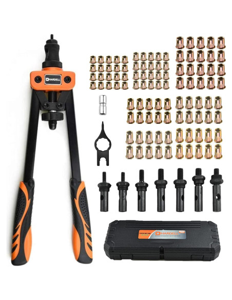 Herramienta de Tuerca Remachada HARDELL 14" con 100 Tuercas y 7 Mandriles
