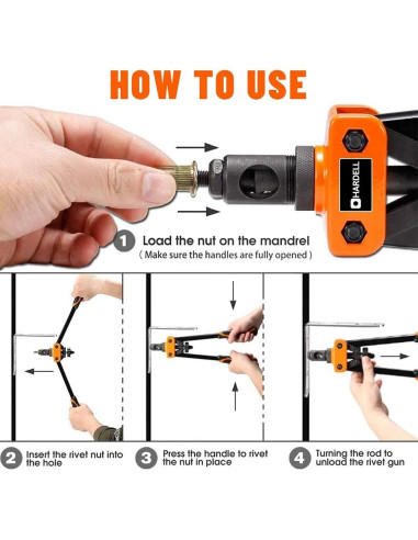 Herramienta de Tuerca Remachada HARDELL 14" con 100 Tuercas y 7 Mandriles