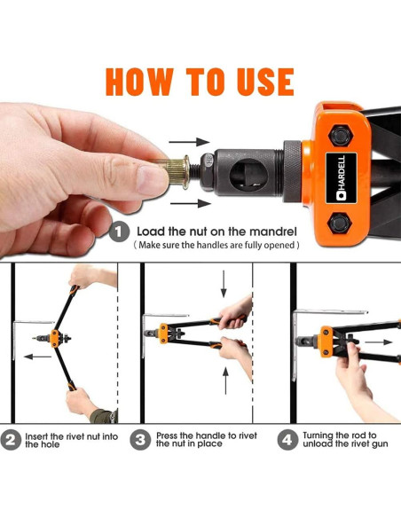 Herramienta de Tuerca Remachada HARDELL 14" con 100 Tuercas y 7 Mandriles