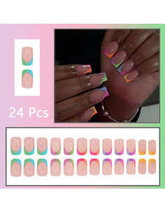 24 Piezas Uñas Postizas Francesas Cortas Coloridas NZRAESTRS 2