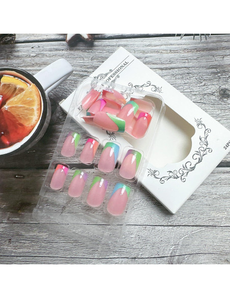 24 Piezas Uñas Postizas Francesas Cortas Coloridas NZRAESTRS