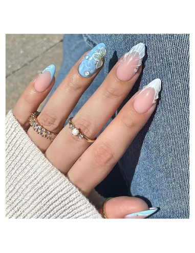 24 Uñas Postizas Almendra ASABITE con Diseño 3D y Ondas