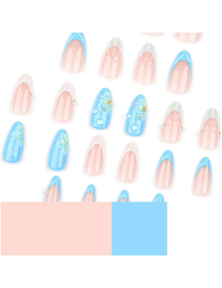 24 Uñas Postizas Almendra ASABITE con Diseño 3D y Ondas