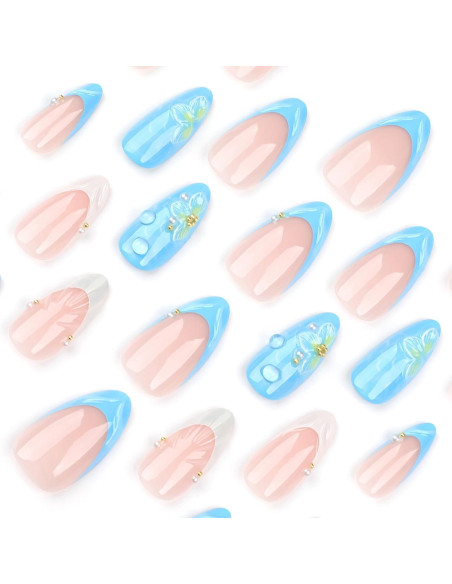 24 Uñas Postizas Almendra ASABITE con Diseño 3D y Ondas