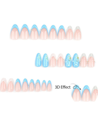24 Uñas Postizas Almendra ASABITE con Diseño 3D y Ondas