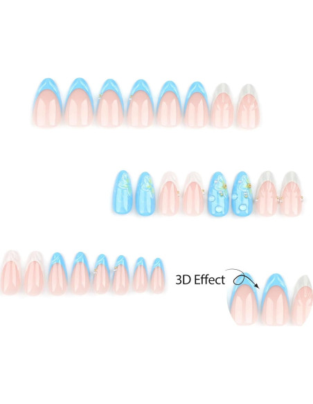 24 Uñas Postizas Almendra ASABITE con Diseño 3D y Ondas