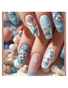 Uñas Postizas Acrílicas Medianas TBRZTR Diseño Floral