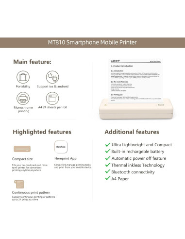 Impresora Térmica Portátil HPRT MT810 Bluetooth Sin Tinta