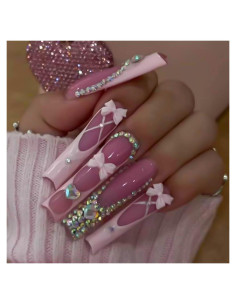 Uñas Postizas Francesas Rosa RUOKEXIN 24Pcs Brillantes