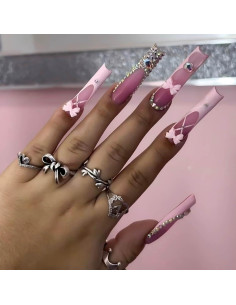 Uñas Postizas Francesas Rosa RUOKEXIN 24Pcs Brillantes 2