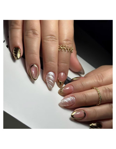 24 Uñas Postizas Almendra KSTBJN Doradas Reutilizables