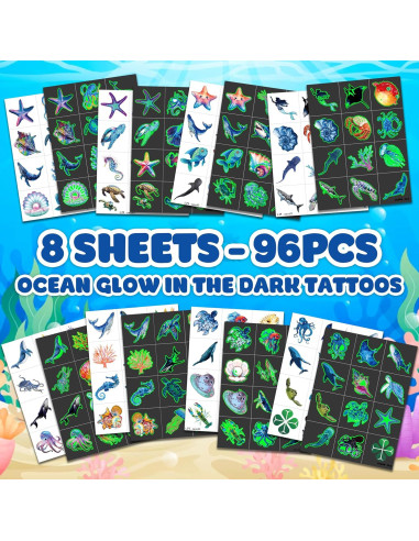 Tatuajes Temporales Luminiscentes MeoIsDaBest 96 PCS Océano