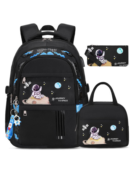 Mochila Escolar ACESAK Negra Impermeable 30x15x45 cm con Almuerzo