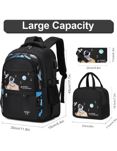 Mochila Escolar ACESAK Negra Impermeable 30x15x45 cm con Almuerzo