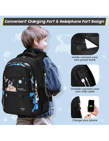 Mochila Escolar ACESAK Negra Impermeable 30x15x45 cm con Almuerzo