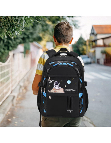 Mochila Escolar ACESAK Negra Impermeable 30x15x45 cm con Almuerzo