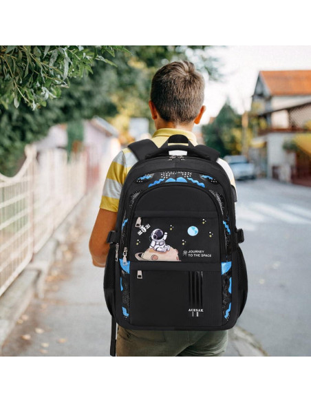 Mochila Escolar ACESAK Negra Impermeable 30x15x45 cm con Almuerzo