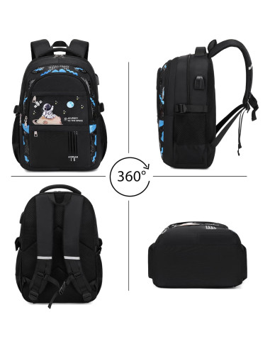 Mochila Escolar ACESAK Negra Impermeable 30x15x45 cm con Almuerzo