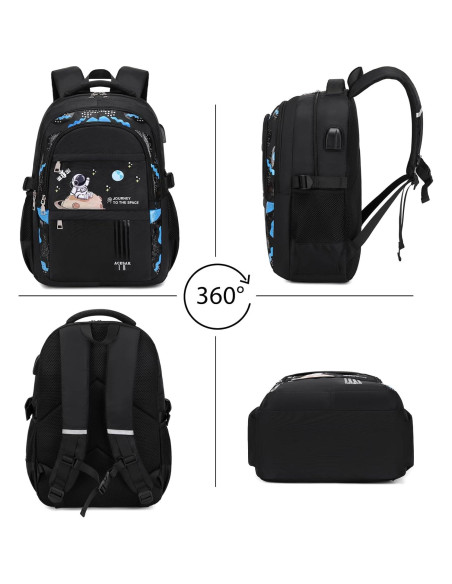 Mochila Escolar ACESAK Negra Impermeable 30x15x45 cm con Almuerzo