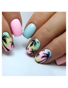 Uñas Postizas Cortas Cuadradas SRIMNUYY Diseño Árbol de Coco