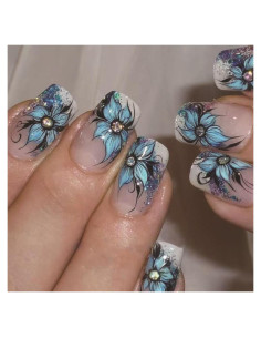 24 Uñas Postizas Cuadradas OCOUYVD con Flores Azules y Brillantes