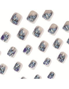 24 Uñas Postizas Cuadradas OCOUYVD con Flores Azules y Brillantes 2