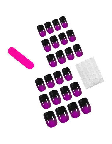 24 Uñas Postizas Cortas Dulyork Negras Moradas Degradado