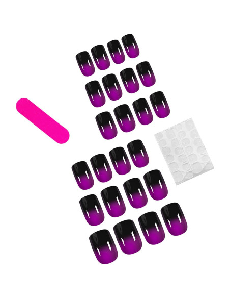 24 Uñas Postizas Cortas Dulyork Negras Moradas Degradado